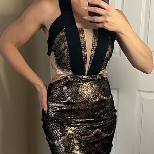Three floor black gold nude lace cut out cocktail midi dress